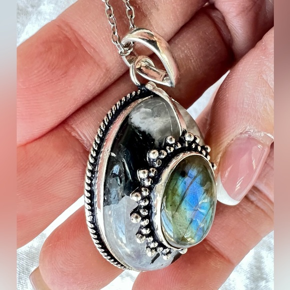 925 OMG Gorgeous! Flash Labradorite + Moonstone w/ Tourmaline Necklace Pendant - Picture 5 of 8